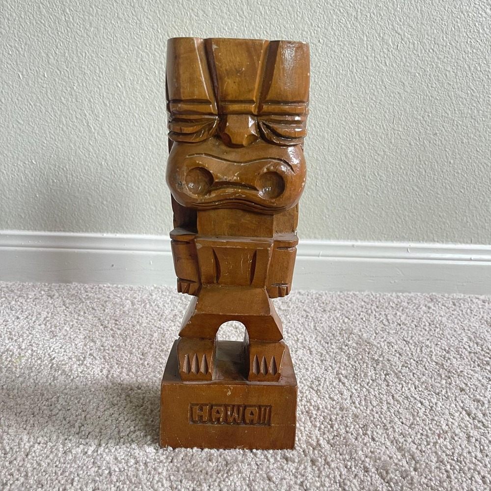 Vintage Hawaii Tiki Wood Carving Monkeypod Statue Island Decor